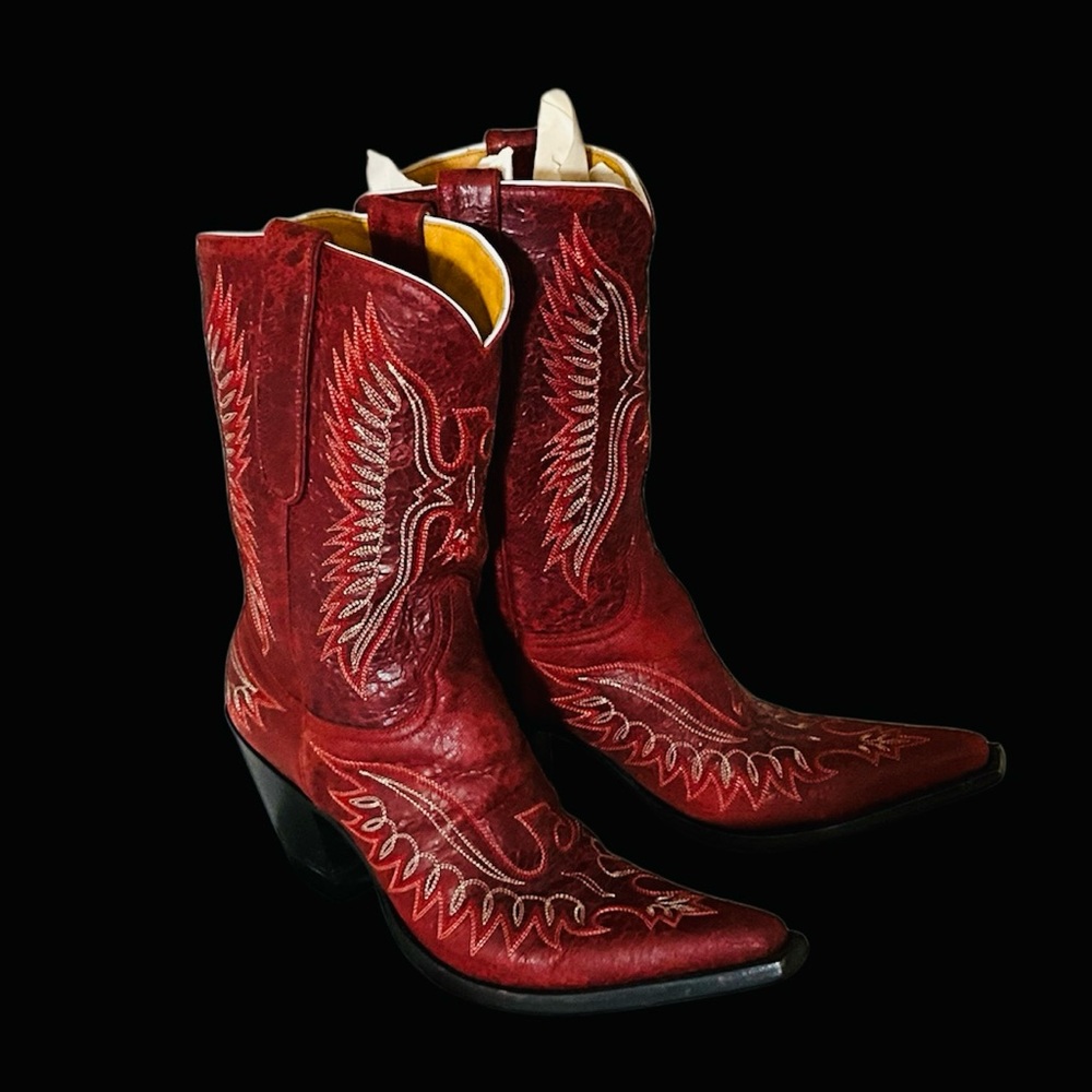 Old Gringo Red Embroidered Pointed-Toe Western Heeled Boots